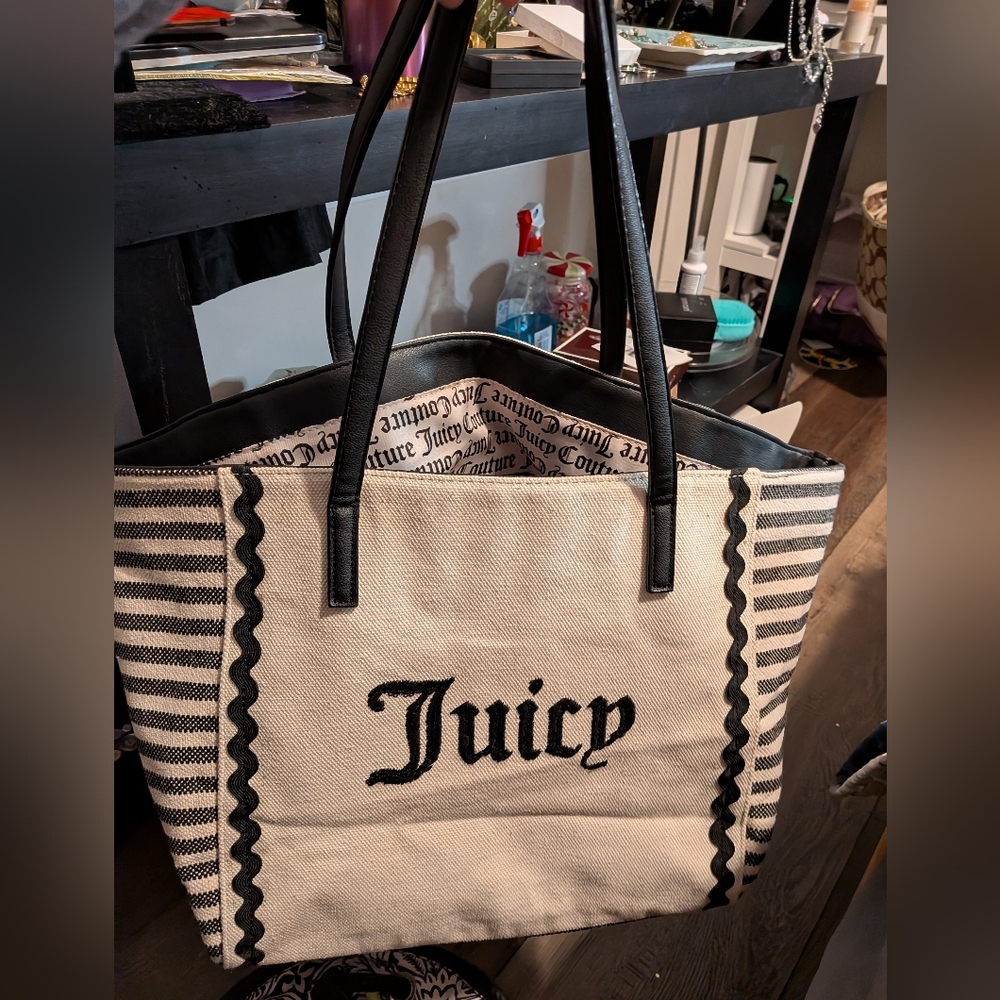 Juicy Couture Striped Black and Cream Tote